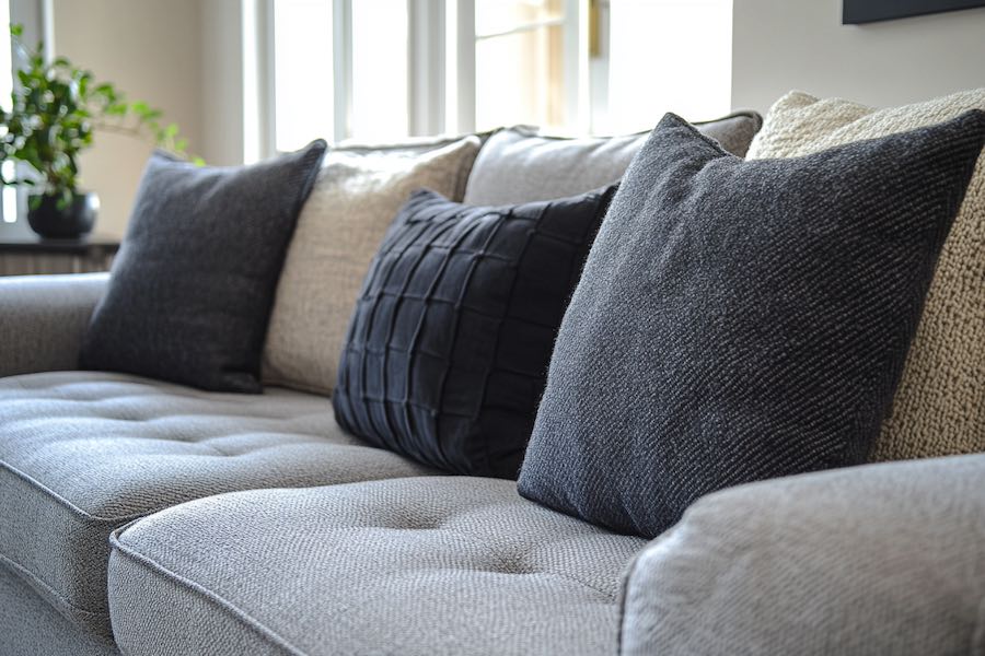 sofa gris claro con cojines